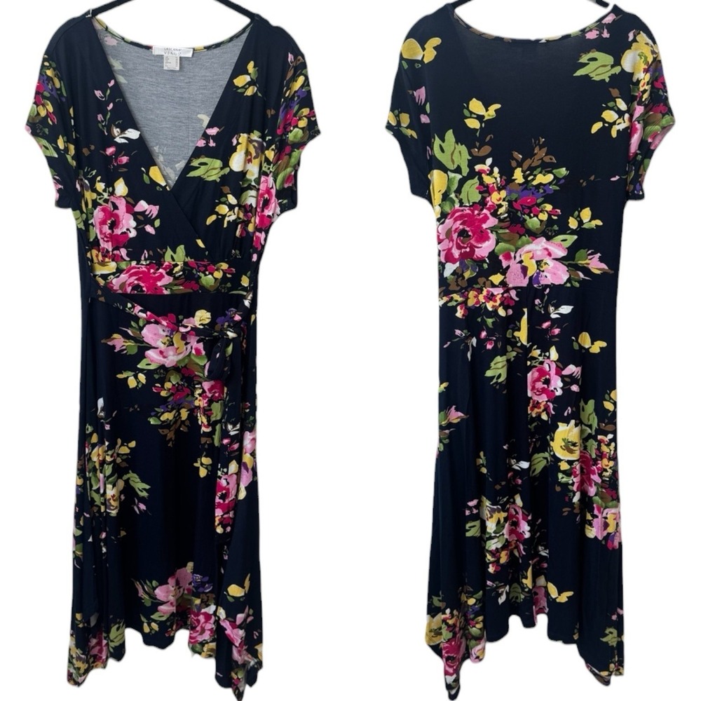 Lascana for Venus Navy Floral Handkerchief Hem Belted Jersey Knit Dress XL - Picture 2 of 11